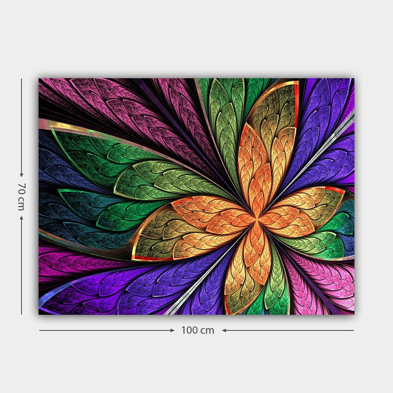 Lærred 70x100 cm - Farverig blomst med detaljerede blade i forskellige nuancer - Grøn / Orange / Lilla - Boligtilbehør - Billeder & kunst - Billeder på lærred