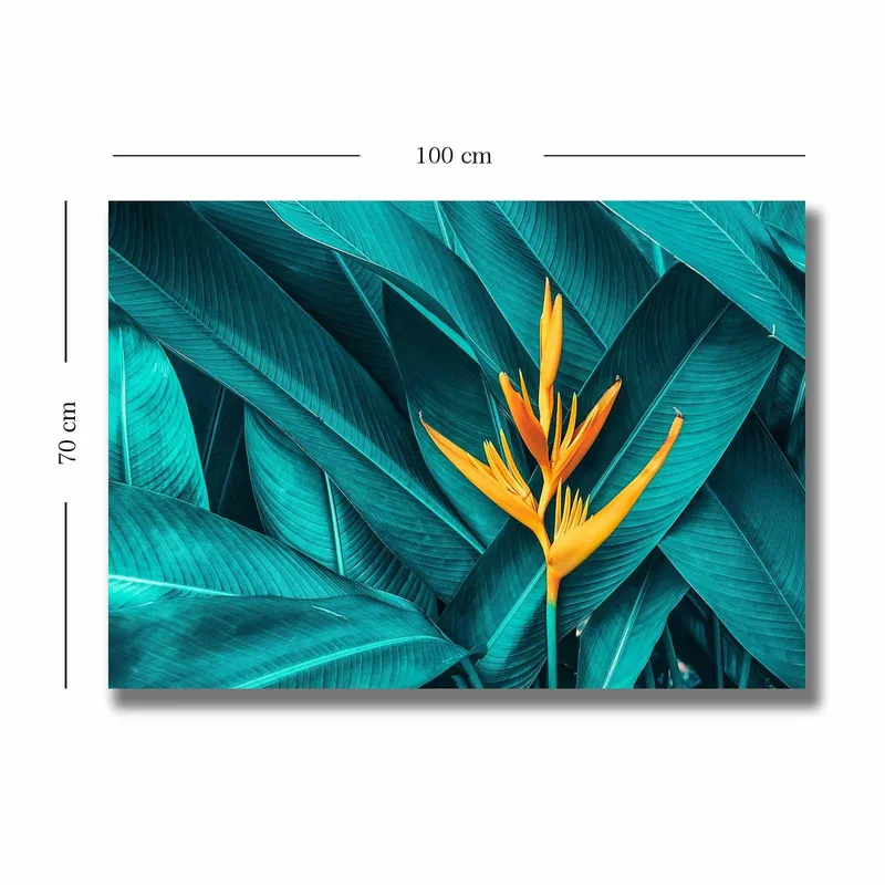 Lærred 70x100 cm - Farverig blomst omgivet af store, grønne blade - Turkis / Gul - Boligtilbehør - Billeder & kunst - Billeder på lærred