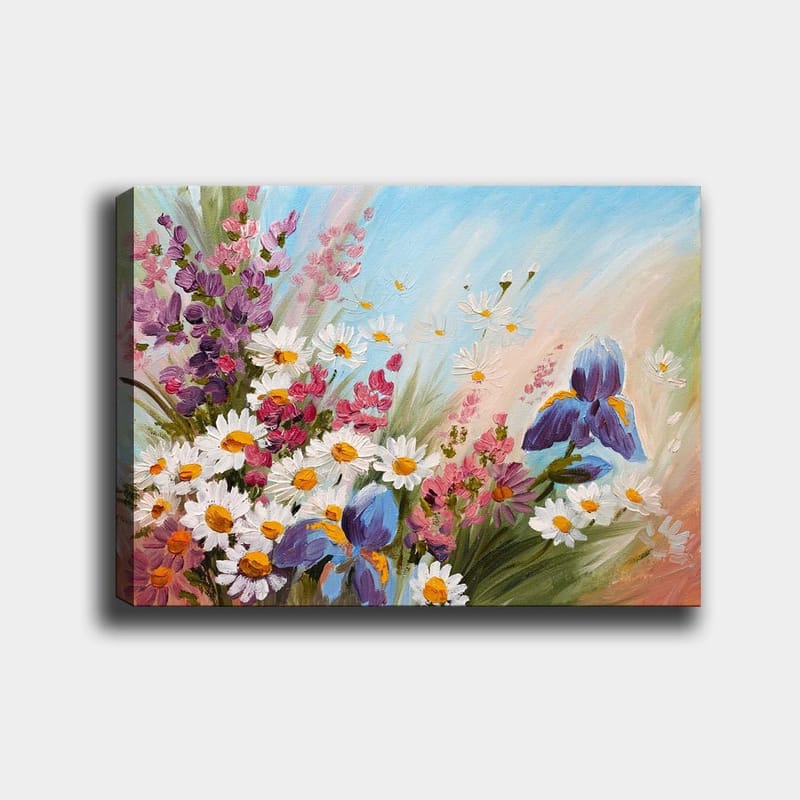 Lærred 70x100 cm - Farverig blomsterbuket, inklusive iris og margueritter, der indfanger en livlig sommerstemning, Lilla / Hvid / Grøn