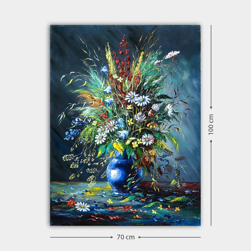 Lærred 70x100 cm - Farverig blomsterbuket i en blå vase - Blå / Grøn / Hvid - Boligtilbehør - Billeder & kunst - Billeder på lærred