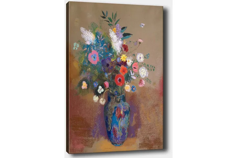 Lærred 70x100 cm - Farverig blomsterbuket i en blå vase - Blå / Lyserød / Grøn - Boligtilbehør - Billeder & kunst - Billeder på lærred