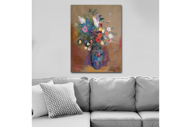 Lærred 70x100 cm - Farverig blomsterbuket i en blå vase - Blå / Lyserød / Grøn - Boligtilbehør - Billeder & kunst - Billeder på lærred