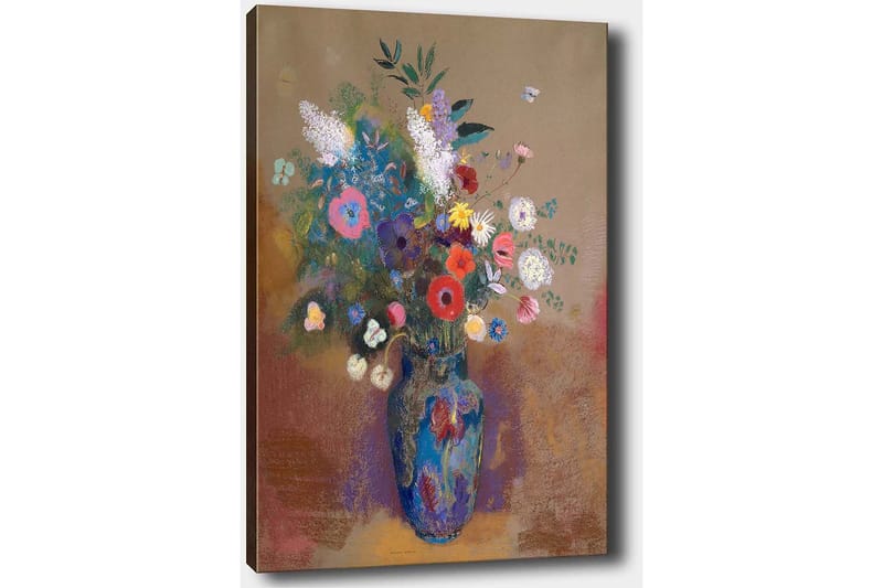 Lærred 70x100 cm - Farverig blomsterbuket i en blå vase - Blå / Lyserød / Grøn - Boligtilbehør - Billeder & kunst - Billeder på lærred
