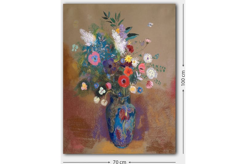 Lærred 70x100 cm - Farverig blomsterbuket i en blå vase - Blå / Lyserød / Grøn - Boligtilbehør - Billeder & kunst - Billeder på lærred