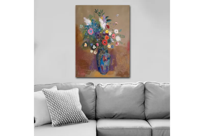 Lærred 70x100 cm - Farverig blomsterbuket i en blå vase, Blå / Lyserød / Grøn