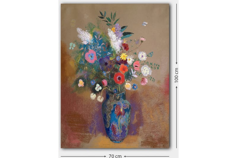 Lærred 70x100 cm - Farverig blomsterbuket i en blå vase - Blå / Lyserød / Grøn - Boligtilbehør - Billeder & kunst - Billeder på lærred
