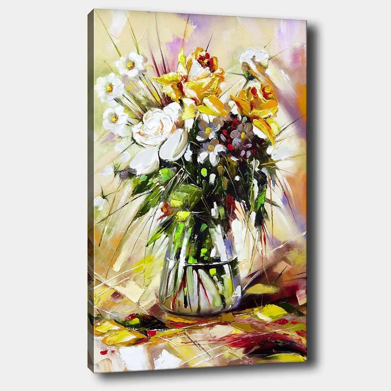 Lærred 70x100 cm - Farverig blomsterbuket i en glasvase, Gul / Hvid / Grøn