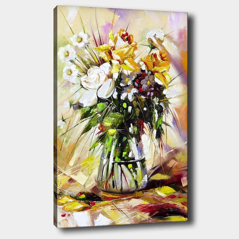 Lærred 70x100 cm - Farverig blomsterbuket i en glasvase, Gul / Hvid / Grøn