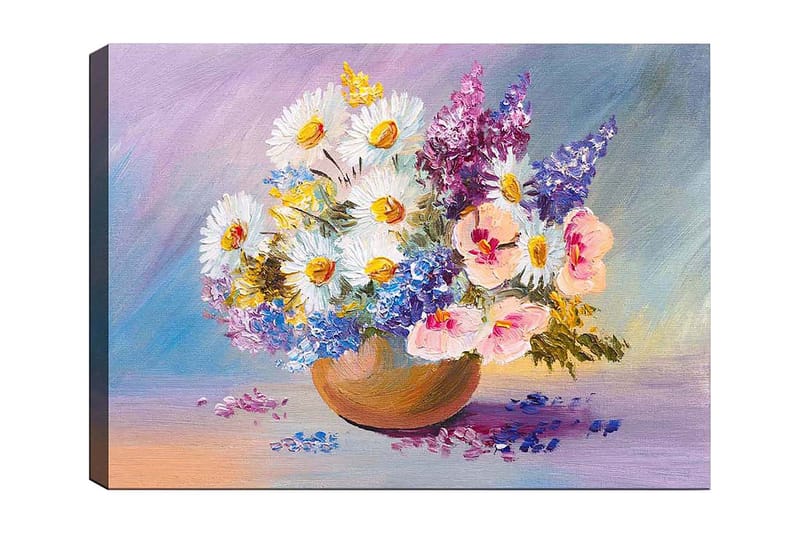 Lærred 70x100 cm - Farverig blomsterbuket i en keramikskål, Hvid / Lilla / Lyserød