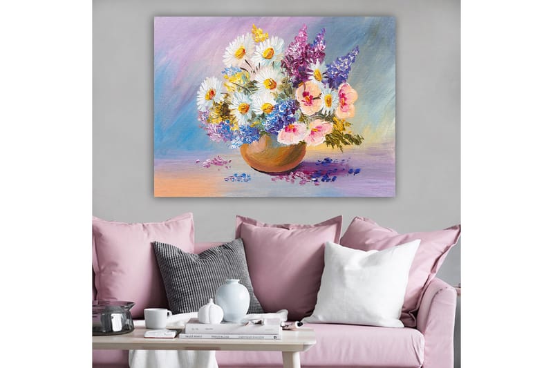 Lærred 70x100 cm - Farverig blomsterbuket i en keramikskål - Hvid / Lilla / Lyserød - Boligtilbehør - Billeder & kunst - Billeder på lærred