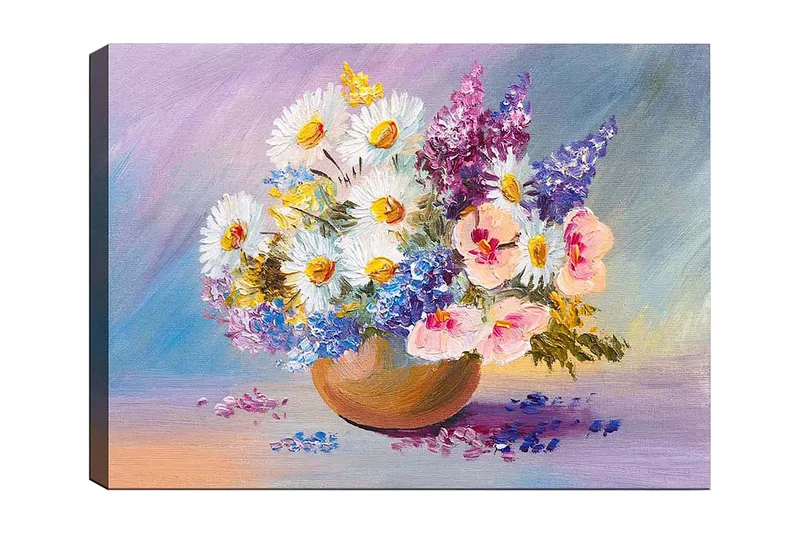 Lærred 70x100 cm - Farverig blomsterbuket i en keramikskål, Hvid / Lilla / Lyserød