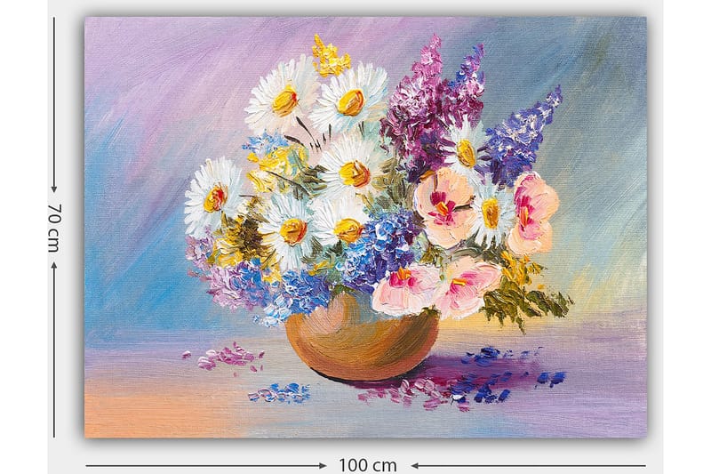 Lærred 70x100 cm - Farverig blomsterbuket i en keramikskål - Hvid / Lilla / Lyserød - Boligtilbehør - Billeder & kunst - Billeder på lærred