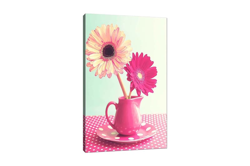 Lærred 70x100 cm - Farverig blomsterbuket i en lyserød kande, Lyserød / Gul / Grøn