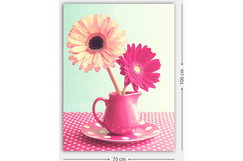 Lærred 70x100 cm - Farverig blomsterbuket i en lyserød kande - Lyserød / Gul / Grøn - Boligtilbehør - Billeder & kunst - Billeder på lærred