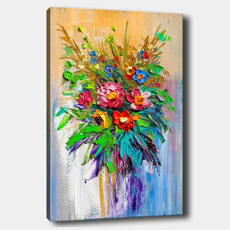 Lærred 70x100 cm - Farverig blomsterbuket i forskellige former og nuancer, Grøn / Rød / Lilla