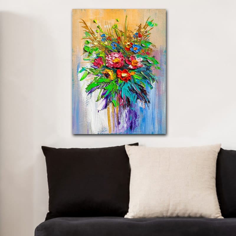 Lærred 70x100 cm - Farverig blomsterbuket i forskellige former og nuancer - Grøn / Rød / Lilla - Boligtilbehør - Billeder & kunst - Billeder på lærred