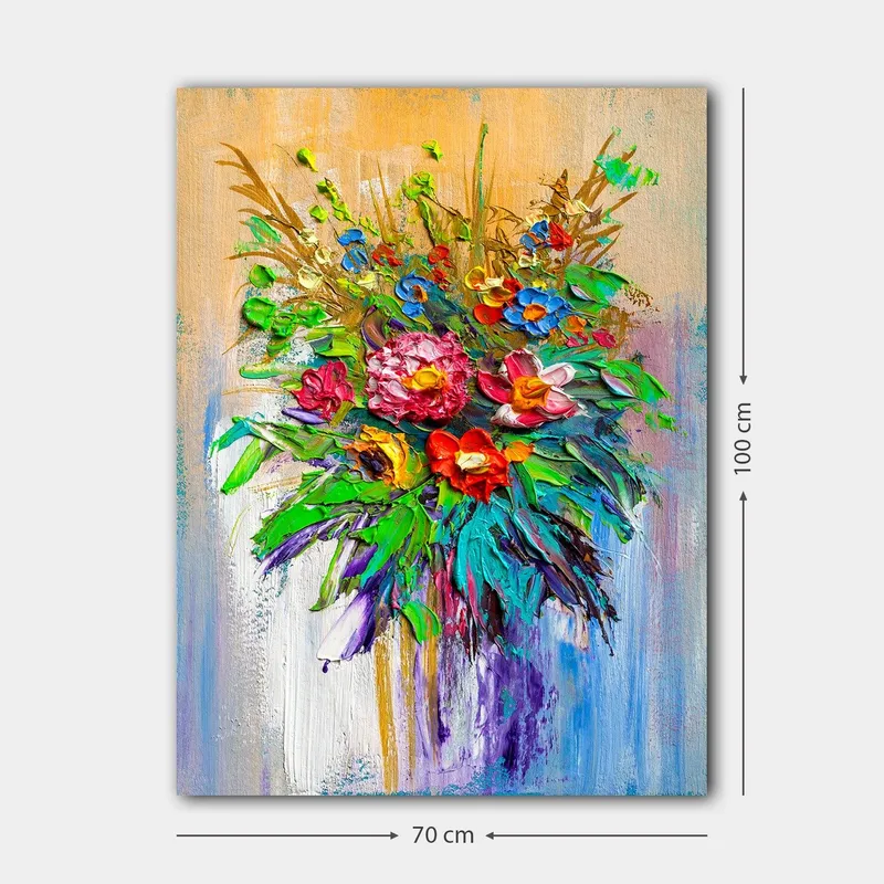 Lærred 70x100 cm - Farverig blomsterbuket i forskellige former og nuancer - Grøn / Rød / Lilla - Boligtilbehør - Billeder & kunst - Billeder på lærred