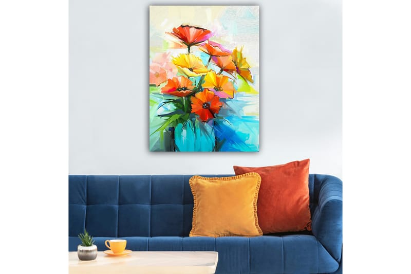 Lærred 70x100 cm - Farverig blomsterbuket i forskellige nuancer af orange og gul - Orange / Gul / Grøn - Boligtilbehør - Billeder & kunst - Billeder på lærred