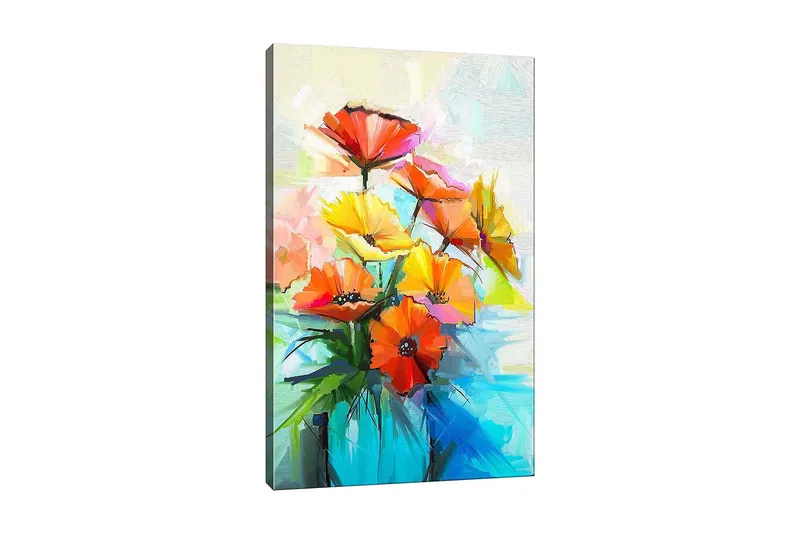 Lærred 70x100 cm - Farverig blomsterbuket i forskellige nuancer af orange og gul, Orange / Gul / Grøn