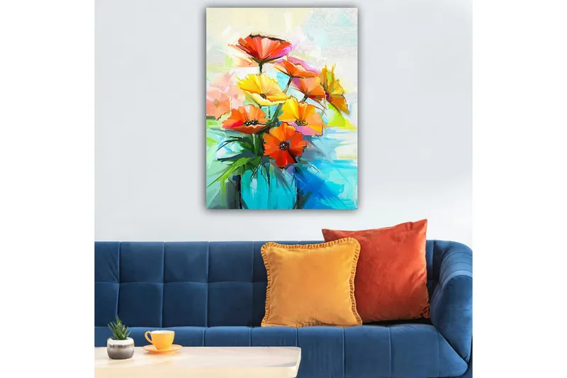 Lærred 70x100 cm - Farverig blomsterbuket i forskellige nuancer af orange og gul - Orange / Gul / Grøn - Boligtilbehør - Billeder & kunst - Billeder på lærred
