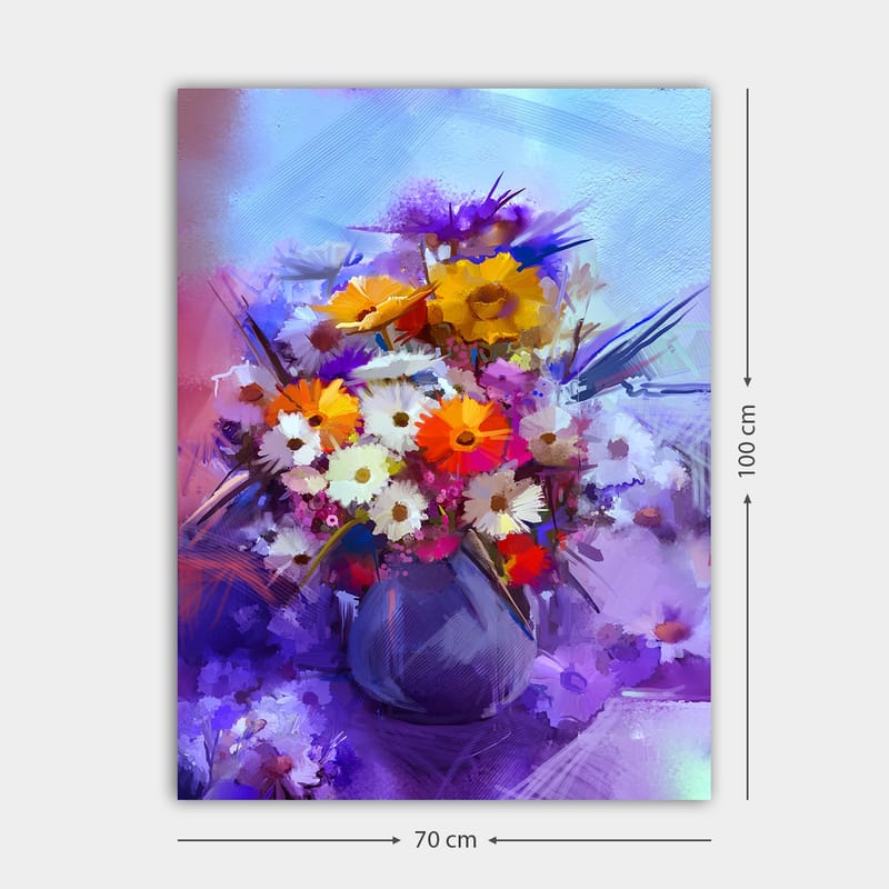 Lærred 70x100 cm - Farverig blomsterbuket i vase - Lilla / Orange / Hvid - Boligtilbehør - Billeder & kunst - Billeder på lærred