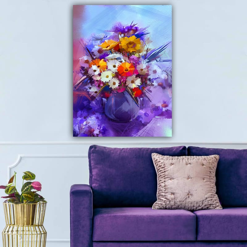 Lærred 70x100 cm - Farverig blomsterbuket i vase - Lilla / Orange / Hvid - Boligtilbehør - Billeder & kunst - Billeder på lærred