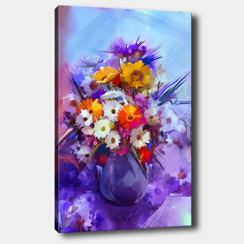 Lærred 70x100 cm - Farverig blomsterbuket i vase, Lilla / Orange / Hvid