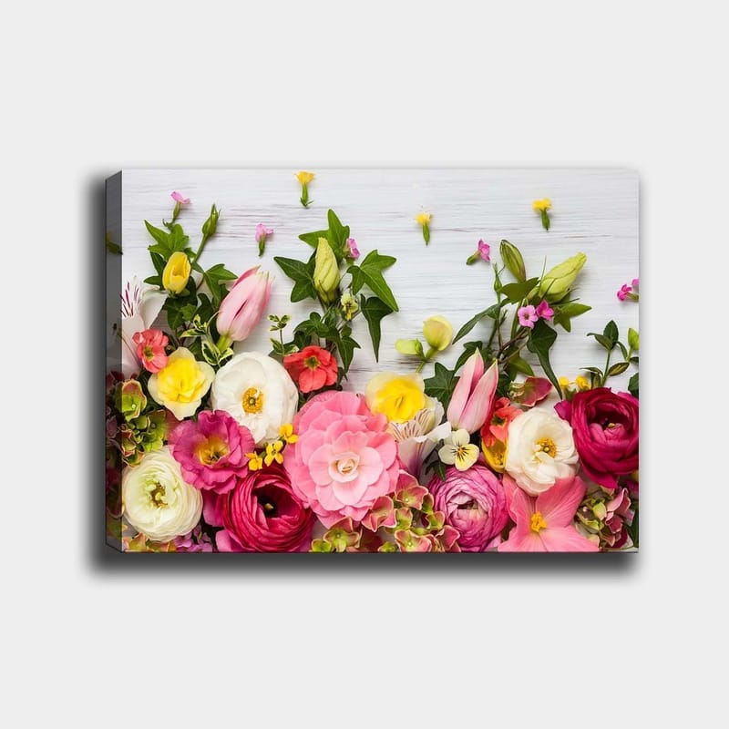 Lærred 70x100 cm - Farverig blomsterbuket med forskellige former og nuancer, Lyserød / Hvid / Gul