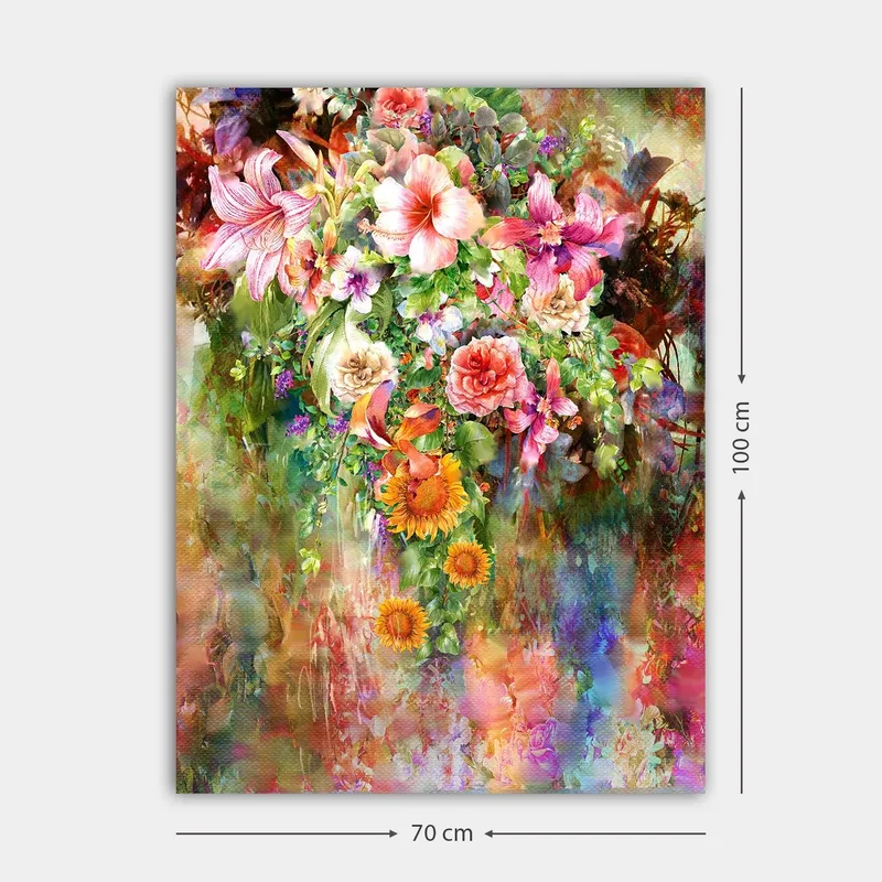 Lærred 70x100 cm - Farverig blomsterbuket med forskellige sorter og nuancer - Lyserød / Grøn / Orange - Boligtilbehør - Billeder & kunst - Billeder på lærred