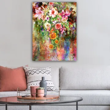 Lærred 70x100 cm - Farverig blomsterbuket med forskellige sorter og nuancer - Lyserød / Grøn / Orange - Boligtilbehør - Billeder & kunst - Billeder på lærred