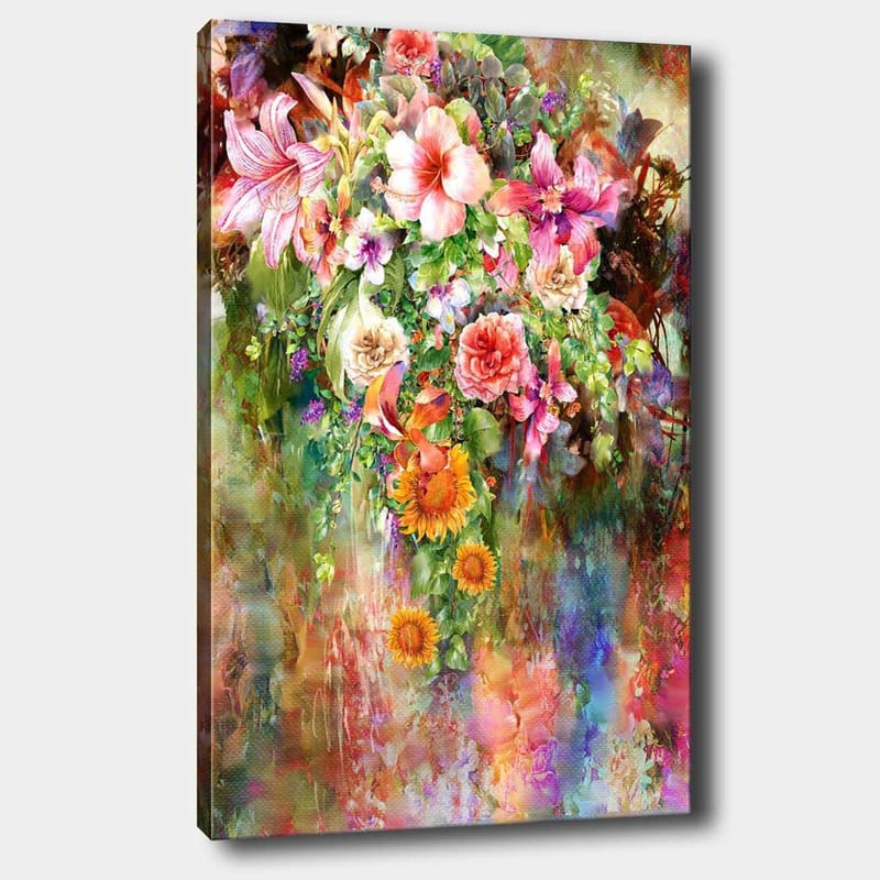 Lærred 70x100 cm - Farverig blomsterbuket med forskellige sorter og nuancer, Lyserød / Grøn / Orange