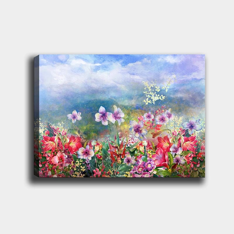 Lærred 70x100 cm - Farverig blomstereng med forskellige blomster i livlige nuancer, Rød / Lilla / Grøn