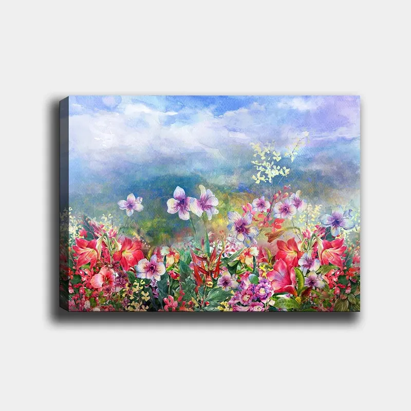 Lærred 70x100 cm - Farverig blomstereng med forskellige blomster i livlige nuancer, Rød / Lilla / Grøn