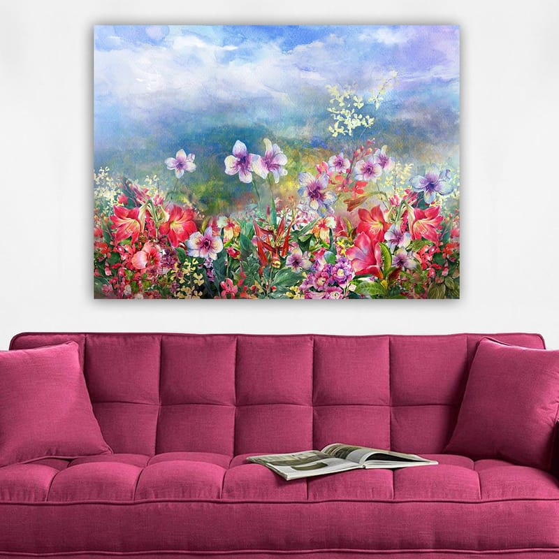 Lærred 70x100 cm - Farverig blomstereng med forskellige blomster i livlige nuancer - Rød / Lilla / Grøn - Boligtilbehør - Billeder & kunst - Billeder på lærred