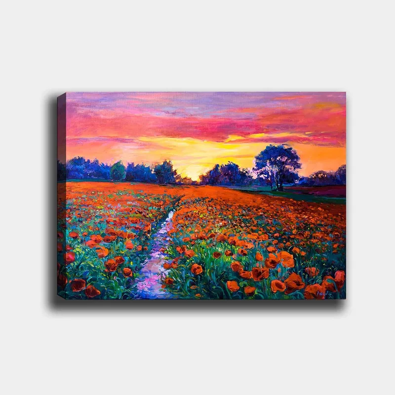 Lærred 70x100 cm - Farverig blomstereng med valmuer under en solnedgang, Orange / Grøn / Lilla