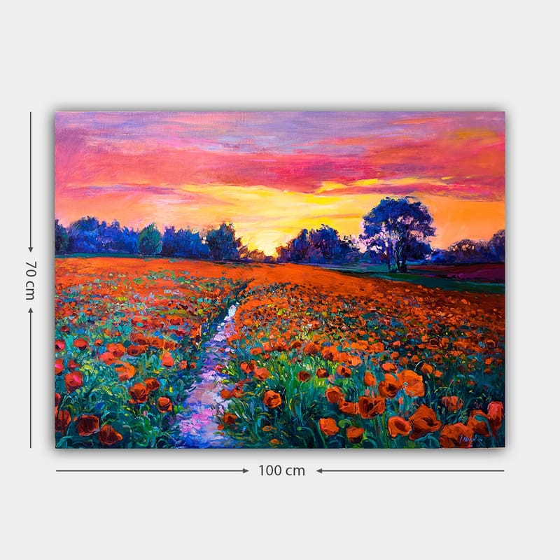 Lærred 70x100 cm - Farverig blomstereng med valmuer under en solnedgang - Orange / Grøn / Lilla - Boligtilbehør - Billeder & kunst - Billeder på lærred
