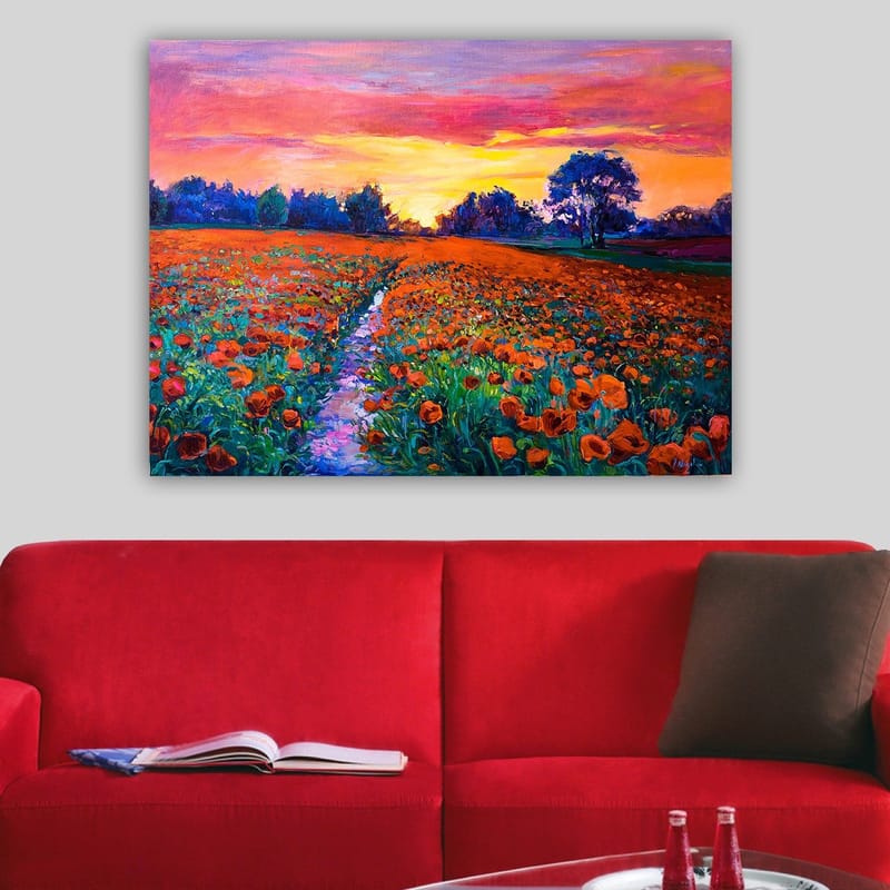 Lærred 70x100 cm - Farverig blomstereng med valmuer under en solnedgang - Orange / Grøn / Lilla - Boligtilbehør - Billeder & kunst - Billeder på lærred