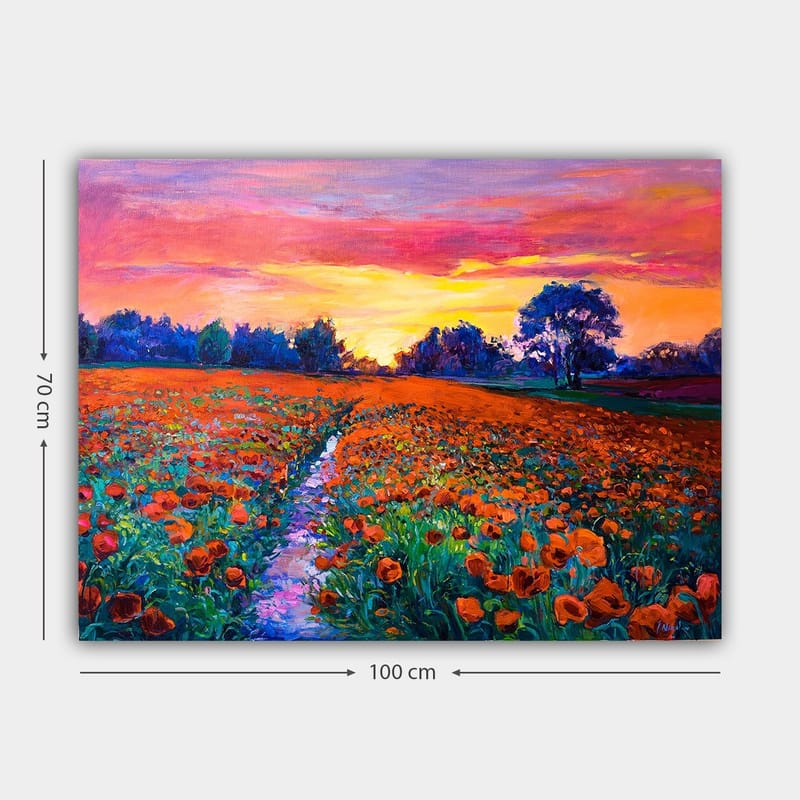 Lærred 70x100 cm - Farverig blomstereng med valmuer under en solnedgang - Orange / Grøn / Lilla - Boligtilbehør - Billeder & kunst - Billeder på lærred