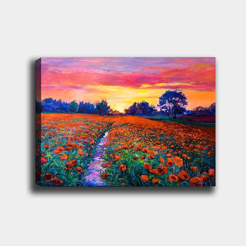 Lærred 70x100 cm - Farverig blomstereng med valmuer under en solnedgang, Orange / Grøn / Lilla