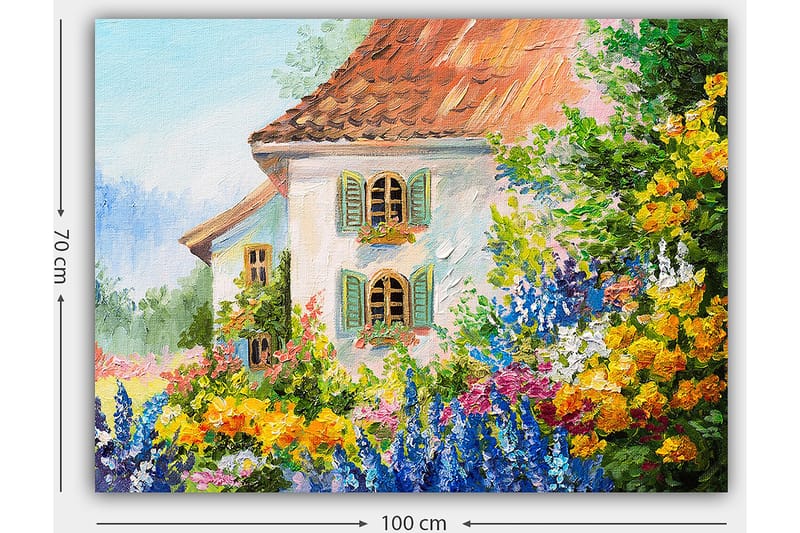 Lærred 70x100 cm - Farverig blomsterhave foran et charmerende hus med skodder - Gul / Blå / Grøn - Boligtilbehør - Billeder & kunst - Billeder på lærred