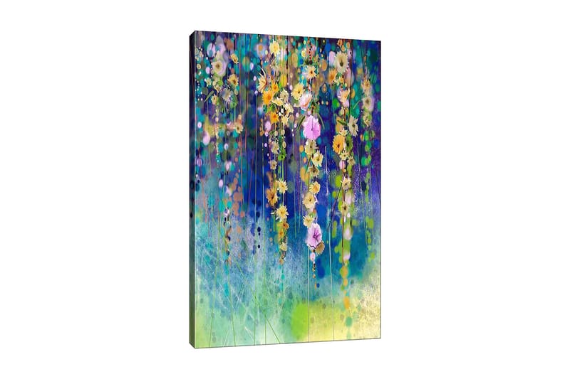 Lærred 70x100 cm - Farverig blomsterkomposition med hængende blomster i forskellige nuancer, Gul / Lilla / Grøn