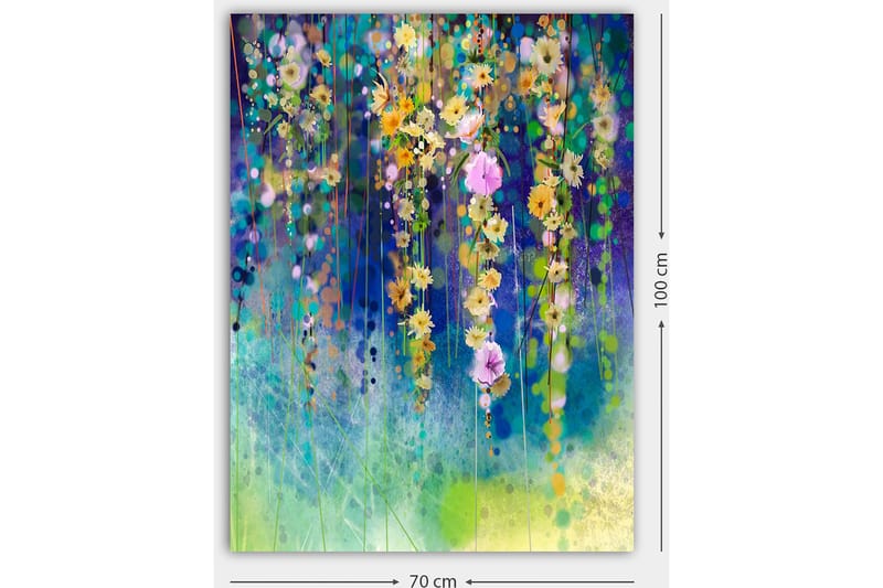 Lærred 70x100 cm - Farverig blomsterkomposition med hængende blomster i forskellige nuancer - Gul / Lilla / Grøn - Boligtilbehør - Billeder & kunst - Billeder på lærred