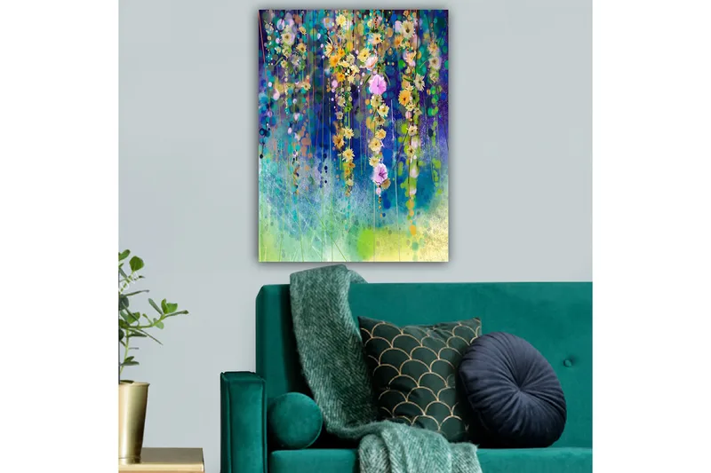 Lærred 70x100 cm - Farverig blomsterkomposition med hængende blomster i forskellige nuancer - Gul / Lilla / Grøn - Boligtilbehør - Billeder & kunst - Billeder på lærred