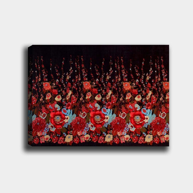 Lærred 70x100 cm - Farverig blomstermønsterkomposition med røde og blå blomster, der skaber en levende atmosfære, Rød / Blå / Grøn