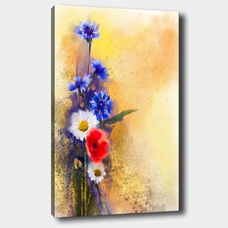 Lærred 70x100 cm - Farverig buket af blå og røde blomster mod en blød, varm baggrund, Blå / Rød / Hvid
