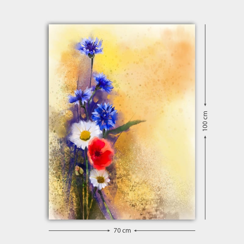 Lærred 70x100 cm - Farverig buket af blå og røde blomster mod en blød, varm baggrund - Blå / Rød / Hvid - Boligtilbehør - Billeder & kunst - Billeder på lærred