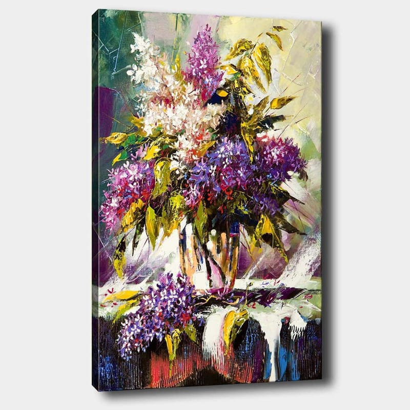 Lærred 70x100 cm - Farverig buket af liljer og grønne blade i en vase, Lilla / Grøn / Hvid