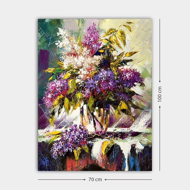 Lærred 70x100 cm - Farverig buket af liljer og grønne blade i en vase - Lilla / Grøn / Hvid - Boligtilbehør - Billeder & kunst - Billeder på lærred
