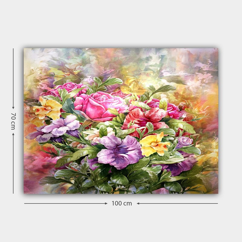 Lærred 70x100 cm - Farverig buket af roser og violer i forskellige nuancer - Lyserød / Lilla / Gul - Boligtilbehør - Billeder & kunst - Billeder på lærred