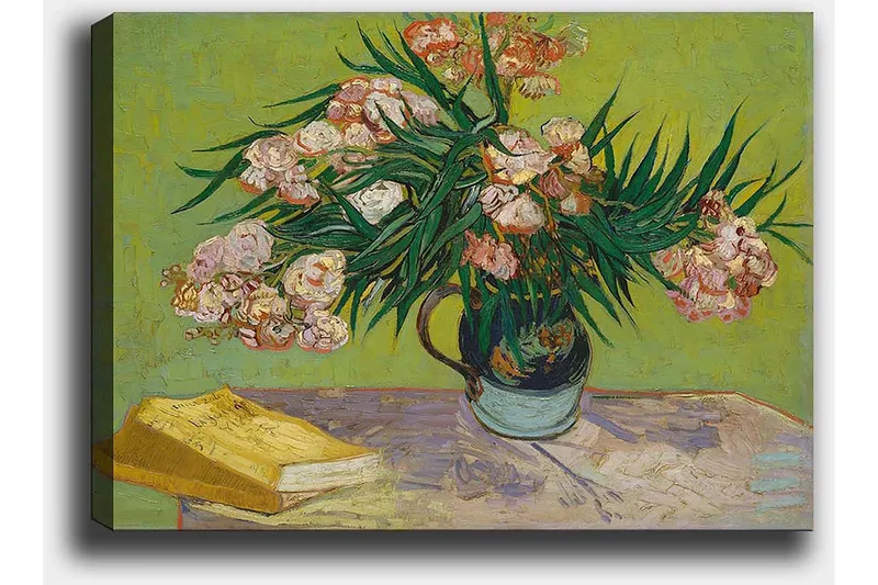 Lærred 70x100 cm - Farverig buket blomster i en vase på et bord - Grøn / Lyserød / Gul - Boligtilbehør - Billeder & kunst - Billeder på lærred